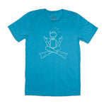Load image into Gallery viewer, Aqua/turquise blue BlueTherapy Zen t-shirt with minimalist white zen diver meditative pose graphic with bubbles and crossed fins design
