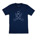 Load image into Gallery viewer, Navy blue BlueTherapy Zen t-shirt with minimalist white zen diver meditative pose graphic with bubbles and crossed fins design
