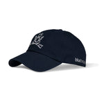 Load image into Gallery viewer, 3 qtr view of navy blue baseball cap with curved brim and white embroidery, featuring minimalist zen scuba diver logo on the front and bluetherapy logo mark on side
