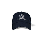 Load image into Gallery viewer, Front view of navy blue dad hat, white embroidered minimalist illustration of scuba diver in a zen pose with crossed legs/fins and hands making the okay sign
