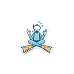 Load image into Gallery viewer, 3" die-cut vinyl sticker with minimalist illustration of scuba diver in a zen pose with crossed legs/fins and hands making the okay sign, 'bluetherapy.co' website address at the bottom

